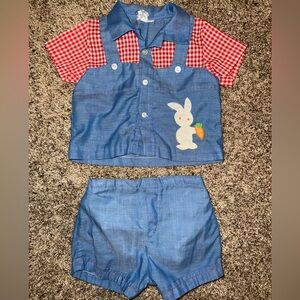 Vintage Blue and Red Gingham Bib Overalls Baby Outfit Easter Bunny 12m